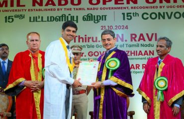 Thiru. R.N.Ravi, Hon’ble Governor of Tamil Nadu and Chancellor of the Tamil Nadu Open University, Chennai presented the medals and degrees to 6,940 students at the 15th convocation of the Tamil Nadu Open University at Convocation Hall, Tamil Nadu Open University, Chennai - 21.10.2024. Prof. Nageshwar Rao, Former Vice-Chancellor, Indira Gandhi National Open University, New Delhi and other dignitaries were present.