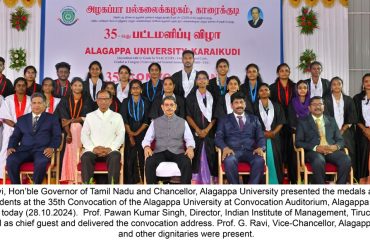 Thiru. R.N.Ravi, Hon'ble Governor of Tamil Nadu and Chancellor, Alagappa University presented the medals and degrees to 42,439 students at the 35th Convocation of the Alagappa University at Convocation Auditorium, Alagappa University, Karaikudi - 28.10.2024. Prof. Pawan Kumar Singh, Director, Indian Institute of Management, Tiruchirappalli, participated as chief guest and delivered the convocation address. Prof. G. Ravi, Vice-Chancellor, Alagappa University and other dignitaries were present.