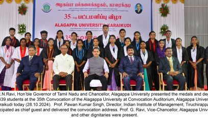 Thiru. R.N.Ravi, Hon'ble Governor of Tamil Nadu and Chancellor, Alagappa University presented the medals and degrees to 42,439 students at the 35th Convocation of the Alagappa University at Convocation Auditorium, Alagappa University, Karaikudi - 28.10.2024. Prof. Pawan Kumar Singh, Director, Indian Institute of Management, Tiruchirappalli, participated as chief guest and delivered the convocation address. Prof. G. Ravi, Vice-Chancellor, Alagappa University and other dignitaries were present.