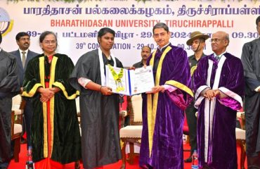 Thiru. R.N.Ravi, Hon’ble Governor of Tamil Nadu and Chancellor, Bharathidasan University presented the medals and degrees to 79,044 students at 39th Convocation of the Bharathidasan University at University Convocation Hall, Bharathidasan University, Tiruchirappalli - 29.10.2024. Dr. (Mrs.) N. Kalaiselvi, Secretary, Department of Scientific & Industrial Research and Director General, Council of Scientific & Industrial Research, New Delhi participated as chief guest and delivered the convocation address. Prof. M. Selvam, Vice-Chancellor, Bharathidasan University and other dignitaries were present.