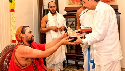 Thiru.R.N.Ravi, Hon’ble Governor of Tamil Nadu, paid obeisance to His Holiness Jagadguru Shankaracharya Sri Sri Vidhushekhara Bharati Swamigal Sannidhanam of Dakshinamnaya Sri Sharada Peetham, seeking his divine blessings for the peace and prosperity of the people of Tamil Nadu, at Mylapore Chennai - 05.11.2024.