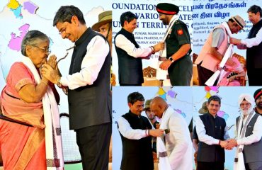 Thiru. R.N. Ravi, Hon'ble Governor of Tamil Nadu, felicitated Tmt. Lakshmi Krishnan(INA Veteran, Tamil Nadu),Lt Gen Karanbir Singh Brar( AVSM GOC, Dakshin Bharat Area, Chennai),Dr. C.K. Gariyali, I.A.S., (Retd.),(Former Principal Secretary to Governor),Dr. C.M.K. Reddy(President, All India Andhra Pradesh Federation),Thiru. Prem Prakash Bansal(President, Haryana Association),Thiru. V.C. Praveen(President,Confederation of Tamil Nadu Malayalee Association),Thiru. Deepak Mirza(President, Jammu & Kashmir Association),Thiru. K. Rajesh Rao(President, Karnataka Association),Thiru. Sardar Rajinder Singh Bhasin (President, Gurunanak Punjab Association),Thiru. Vijendra Singh(President, Uttarakhand Association),Dr. Swati Paliwal(Dean of Academics, Gurunanak College) and other eminent personalities of various States on the occasion of the Foundation Day Celebrations of various States and Union Territories of India at Raj Bhavan, Chennai - 04.11.2024.