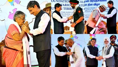 Thiru. R.N. Ravi, Hon'ble Governor of Tamil Nadu, felicitated Tmt. Lakshmi Krishnan(INA Veteran, Tamil Nadu),Lt Gen Karanbir Singh Brar( AVSM GOC, Dakshin Bharat Area, Chennai),Dr. C.K. Gariyali, I.A.S., (Retd.),(Former Principal Secretary to Governor),Dr. C.M.K. Reddy(President, All India Andhra Pradesh Federation),Thiru. Prem Prakash Bansal(President, Haryana Association),Thiru. V.C. Praveen(President,Confederation of Tamil Nadu Malayalee Association),Thiru. Deepak Mirza(President, Jammu & Kashmir Association),Thiru. K. Rajesh Rao(President, Karnataka Association),Thiru. Sardar Rajinder Singh Bhasin (President, Gurunanak Punjab Association),Thiru. Vijendra Singh(President, Uttarakhand Association),Dr. Swati Paliwal(Dean of Academics, Gurunanak College) and other eminent personalities of various States on the occasion of the Foundation Day Celebrations of various States and Union Territories of India at Raj Bhavan, Chennai - 04.11.2024.