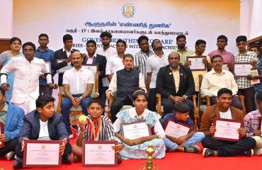 Thiru.R.N.Ravi, Hon’ble Governor of Tamil Nadu, felicitated the special childrens who crossed 600 Kms from Mandapam, Rameswaram to Marina ,Chennai and created a world record in swimming at Governor’s ‘Think To Dare’ Series 17 : a live interaction programme held on the occasion of Children's day, at Raj Bhavan's Bharathiar Mandapam - 14.11.2024.