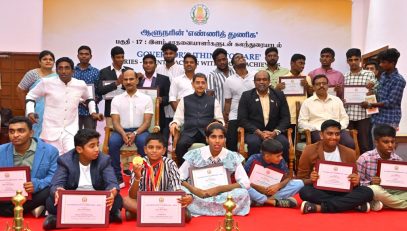 Thiru.R.N.Ravi, Hon’ble Governor of Tamil Nadu, felicitated the special childrens who crossed 600 Kms from Mandapam, Rameswaram to Marina ,Chennai and created a world record in swimming at Governor’s ‘Think To Dare’ Series 17 : a live interaction programme held on the occasion of Children's day, at Raj Bhavan's Bharathiar Mandapam - 14.11.2024.