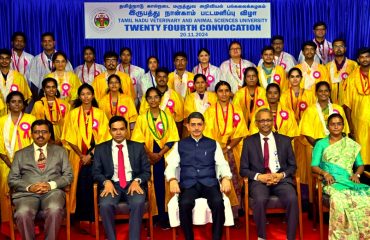 At the 24th Annual Convocation of Tamil Nadu Veterinary and Animal Sciences University held at Anna Auditorium, Madras Veterinary College, Vepery, Chennai - 20.11.2024, Hon'ble Governor-Chancellor Thiru R. N. Ravi conferred degrees upon 588 students, celebrating their academic achievements. In his thought-provoking speech, Dr. V. Ram Prasath Manohar, IAS, Chairman of the Bangalore Water Supply and Sewerage Board and a proud alumnus of TANUVAS, shared his inspiring insights and experiences.