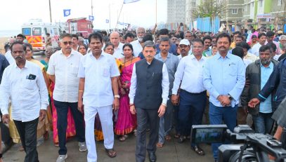 Thiru.R.N.Ravi, Hon’ble Governor of Tamil Nadu participated in the Tsunami Remembrance Day March along with the Fishermen Community People, paid floral tributes to the Tsunami victims and lit the candle marking the 20th anniversary of Tragic Tsunami at Marina Beach, Chennai - 26.12.2024.