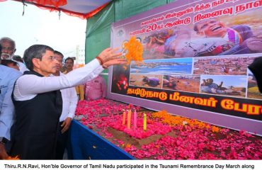 Thiru.R.N.Ravi, Hon’ble Governor of Tamil Nadu participated in the Tsunami Remembrance Day March along with the Fishermen Community People, paid floral tributes to the Tsunami victims and lit the candle marking the 20th anniversary of Tragic Tsunami at Marina Beach, Chennai - 26.12.2024.