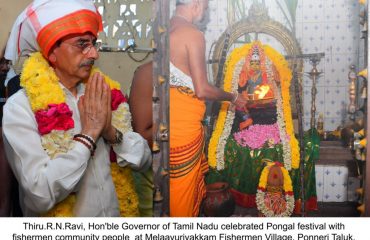 Thiru.R.N.Ravi, Hon'ble Governor of Tamil Nadu celebrated Pongal festival with fishermen community people at Melaavurivakkam Fishermen Village, Ponneri Taluk, Tiruvallur District - 12.01.2025. He warmly exchanged Pongal greetings with the community members and presented them with Pongal kits.