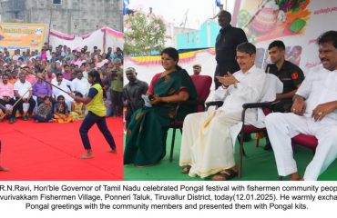 Thiru.R.N.Ravi, Hon'ble Governor of Tamil Nadu celebrated Pongal festival with fishermen community people at Melaavurivakkam Fishermen Village, Ponneri Taluk, Tiruvallur District - 12.01.2025. He warmly exchanged Pongal greetings with the community members and presented them with Pongal kits.