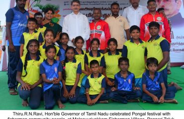 Thiru.R.N.Ravi, Hon'ble Governor of Tamil Nadu celebrated Pongal festival with fishermen community people at Melaavurivakkam Fishermen Village, Ponneri Taluk, Tiruvallur District - 12.01.2025. He warmly exchanged Pongal greetings with the community members and presented them with Pongal kits.