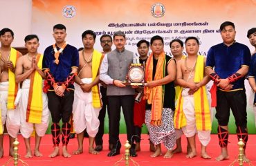 Thiru. R.N. Ravi, Hon'ble Governor of Tamil Nadu, felicitated the cultural artists who performed spectacular Rai Lok Nritya (Uttar Pradesh), Thangta & Dhol Dholak Cholam (Manipur), Ka Shad Mastieh (Meghalaya), Sangrian Mog Folk Dance (Tripura) on the occasion of the Foundation Day Celebrations of various States and Union Territories of India, held at Raj Bhavan, Chennai - 21.01.2025.