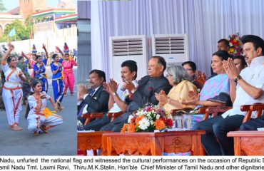 Thiru.R.N.Ravi, Hon’ble Governor of Tamil Nadu, unfurled the national flag and witnessed the cultural performances on the occasion of Republic Day at Marina, Chennai on 26.01.2025. First Lady of Tamil Nadu Tmt. Laxmi Ravi, Thiru.M.K.Stalin, Hon’ble Chief Minister of Tamil Nadu and other dignitaries were present.