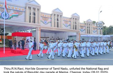 Thiru.R.N.Ravi, Hon'ble Governor of Tamil Nadu, unfurled the National flag and took the salute of Republic day parade at Marina, Chennai on 26.01.2025.