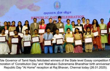 Thiru. R.N.Ravi, Hon'ble Governor of Tamil Nadu felicitated winners of the State level Essay competition for school and college students in commemoration of 'Constitution Day' and 'Mahakavi Subramania Bharathiar birth anniversary celebration' during Republic Day 'At Home' reception at Raj Bhavan, Chennai - 26.01.2025