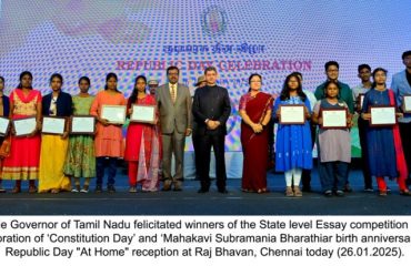 Thiru. R.N.Ravi, Hon'ble Governor of Tamil Nadu felicitated winners of the State level Essay competition for school and college students in commemoration of 'Constitution Day' and 'Mahakavi Subramania Bharathiar birth anniversary celebration' during Republic Day 'At Home' reception at Raj Bhavan, Chennai - 26.01.2025