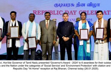 Thiru. R.N.Ravi, Hon'ble Governor of Tamil Nadu presented 'Governor's Award - 2024' to 6 awardees for their outstanding services to the society and the Nation under the categories of 'Social Service' and 'Environment Protection' with citation and cash prize at Republic Day 'At Home' reception at Raj Bhavan, Chennai - 26.01.2025