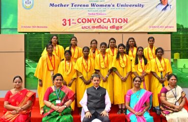 Thiru. R.N.Ravi, Hon'ble Governor of Tamil Nadu and Chancellor, Mother Teresa Women's University, Kodaikanal presented the medals and degrees to 6,587 students at 31st Convocation of the Mother Teresa Women's University at Paavaiyar Arangam, Mother Teresa Women's University, Kodaikanal, Dindigul District - 23.10.2024. Prof. Santishree Dhulipudi Pandit, Vice-Chancellor, Jawaharlal Nehru University, New Delhi, participated as chief guest and delivered the convocation address. Dr.K.Kala, Vice-Chancellor, Mother Teresa Women's University and other dignitaries were present.