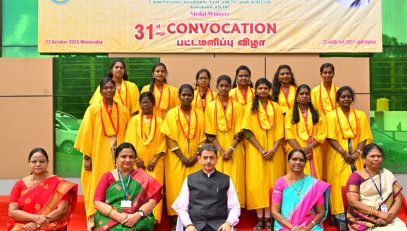 Thiru. R.N.Ravi, Hon'ble Governor of Tamil Nadu and Chancellor, Mother Teresa Women's University, Kodaikanal presented the medals and degrees to 6,587 students at 31st Convocation of the Mother Teresa Women's University at Paavaiyar Arangam, Mother Teresa Women's University, Kodaikanal, Dindigul District - 23.10.2024. Prof. Santishree Dhulipudi Pandit, Vice-Chancellor, Jawaharlal Nehru University, New Delhi, participated as chief guest and delivered the convocation address. Dr.K.Kala, Vice-Chancellor, Mother Teresa Women's University and other dignitaries were present.