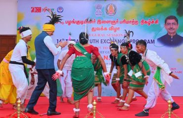 Thiru. R.N.Ravi, Hon'ble Governor of Tamil Nadu, joined the youths in cultural folk dance and played drum during inaugural ceremony of 16th Tribal Youth Exchange Program organised by 'My Bharat' - Nehru Yuva Kendra Sangathan under the Ministry of Youth Affairs & Sports, Government of India at Bharathiar Mandapam, Raj Bhavan - 08.02.2025.