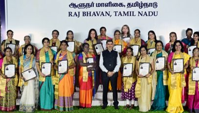 Thiru.R.N.Ravi, Hon'ble Governor of Tamil Nadu, felicitated Brigadier Ms. K.Muthulakshmi, INA veteran, Tmt. Vadivukkarasi, renowned actress,Tmt. Padma Venkataraman, social activist, Tmt. Naina Shah, President, National Association of Soroptimist International – India, Dr. Vijayalakshmy, Former HoD, Medical Sciences, NIEPMD, Chennai, Tmt. Sridevi, Eco mom Natural & Herbal Traders, Tmt. Amala, Auto Driver, Tmt. Jayanti, private crematorium staff, Ms.Aaliiyaa H. Jarriwala, Dr.Sujatha Pugazhendi, Dr.V.R.Devika, Dr.Vijayalakshmy, Ms.Erinda Shah, Mrs. Evelyn Stephen,Tmt. Jayanti, Ms. Krithika Kumar Quintal, Dr. Mahalakshmi Winfred, Ms.Meena Dadha, Ms. Hema Vijayakumar, Ms.R.Sridevi , Tmt. Uma Murali, Tmt. Vijaya Mahadevan, Ms,Vinolee Ramalingam, Dr. Haripriya Aravind, Dr.Sushila Menon Gopinath, Dgnd Dr. Vijaya Bharathi Rangarajan, Ms. Annapoorani ,Tmt. Kanimozhi, Tmt. Arthi Ganesh, Tmt. Kalaivani Suresh, Tmt Chellama, Tmt Ananthi,Tmt Balguni,Tmt Selvi,Tmt Kamatchi the eminent women achievers from various fields at the International Women’s Day celebration held at Raj Bhavan, Chennai - 07.03.2025.