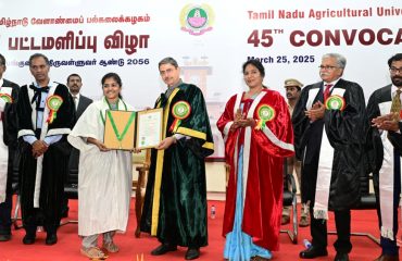Thiru.R.N.Ravi, Hon’ble Governor of Tamil Nadu and Chancellor of Tamil Nadu Agricultural University awarded degrees and medals to 4434 students during the 45th Convocation of Tamil Agricultural University, at University Convocation Hall, TNAU, Coimbatore - 25.03.2025. Thiru. R.Selvam I.A.S., Executive Director, Council for Leather Exports, Chennai, delivered an inspiring and thought-provoking convocation speech.