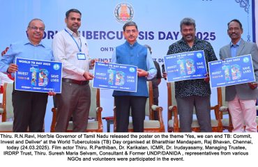 Thiru. R.N.Ravi, Hon'ble Governor of Tamil Nadu released the poster on the theme 'Yes, we can end TB: Commit, Invest and Deliver' at the World Tuberculosis (TB) Day organised at Bharathiar Mandapam, Raj Bhavan, Chennai - 24.03.2025. Film actor Thiru. R.Parthiban, Dr. Karikalan, ICMR, Dr. Irudayasamy, Managing Trustee, IRDRP Trust, Thiru. Suresh Maria Selvam, Consultant & Former UNDP/DANIDA , representatives from various NGOs and volunteers were participated in the event.