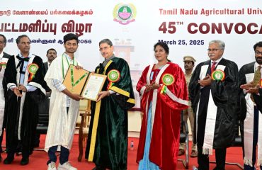 Thiru.R.N.Ravi, Hon’ble Governor of Tamil Nadu and Chancellor of Tamil Nadu Agricultural University awarded degrees and medals to 4434 students during the 45th Convocation of Tamil Agricultural University, at University Convocation Hall, TNAU, Coimbatore - 25.03.2025. Thiru. R.Selvam I.A.S., Executive Director, Council for Leather Exports, Chennai, delivered an inspiring and thought-provoking convocation speech.