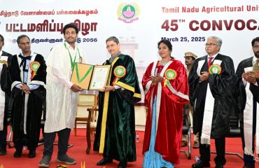 Thiru.R.N.Ravi, Hon’ble Governor of Tamil Nadu and Chancellor of Tamil Nadu Agricultural University awarded degrees and medals to 4434 students during the 45th Convocation of Tamil Agricultural University, at University Convocation Hall, TNAU, Coimbatore - 25.03.2025. Thiru. R.Selvam I.A.S., Executive Director, Council for Leather Exports, Chennai, delivered an inspiring and thought-provoking convocation speech.