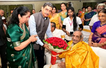 Thiru. R.N. Ravi, Hon'ble Governor of Tamil Nadu accompanied with Tmt. Laxmi Ravi, first lady of the State greeted Thiru. Vummidi Ethiraj at his 100th birth anniversary celebration held at PRCC Hall, Venkataraman Street, T. Nagar, Chennai - 20.04.2025. Governor recalled the legendary jeweller’s remarkable contribution, who crafted the Sengol, the sacred sceptre symbolizing the transfer of power from British rule to independent India in 1947 and ceremonially installed in the new Sansad Bhavan by Thiru. Narendra Modi, Hon’ble Prime Minister of India on May 28, 2023.