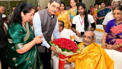 Thiru. R.N. Ravi, Hon'ble Governor of Tamil Nadu accompanied with Tmt. Laxmi Ravi, first lady of the State greeted Thiru. Vummidi Ethiraj at his 100th birth anniversary celebration held at PRCC Hall, Venkataraman Street, T. Nagar, Chennai - 20.04.2025. Governor recalled the legendary jeweller’s remarkable contribution, who crafted the Sengol, the sacred sceptre symbolizing the transfer of power from British rule to independent India in 1947 and ceremonially installed in the new Sansad Bhavan by Thiru. Narendra Modi, Hon’ble Prime Minister of India on May 28, 2023.