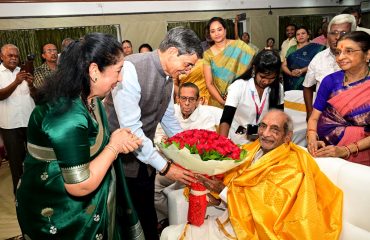 Thiru. R.N. Ravi, Hon'ble Governor of Tamil Nadu accompanied with Tmt. Laxmi Ravi, first lady of the State greeted Thiru. Vummidi Ethiraj at his 100th birth anniversary celebration held at PRCC Hall, Venkataraman Street, T. Nagar, Chennai - 20.04.2025. Governor recalled the legendary jeweller’s remarkable contribution, who crafted the Sengol, the sacred sceptre symbolizing the transfer of power from British rule to independent India in 1947 and ceremonially installed in the new Sansad Bhavan by Thiru. Narendra Modi, Hon’ble Prime Minister of India on May 28, 2023.