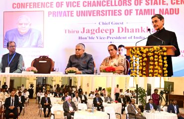 Thiru. R.N.Ravi, Hon'ble Governor of Tamil Nadu, presided over the two-day conference of Vice-Chancellors of State, Central and Private Universities of Tamil Nadu and addressed the gathering at Raj Bhavan, Udhagamandalam on 25.04.2025. Thiru. Jagdeep Dhankhar, Hon'ble Vice-President of India, inaugurated the conference and delivered the Chief guest address. Dr. (Smt.) Sudesh Dhankhar, Spouse of the Hon’ble Vice-President of India, Thiru. R. Kirlosh Kumar, I.A.S., Principal Secretary to Governor of Tamil Nadu, Dr. Pawan Kumar Singh, Director, Indian Institute of Management, Trichy, Vice-Chancellors of Central, State and Private Universities and other dignitaries were present. At the beginning of the program, a silent tribute was observed to express condolences for the innocent victims of the Pahalgam terrorist attack.