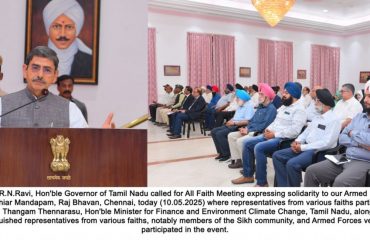 Thiru. R.N.Ravi, Hon'ble Governor of Tamil Nadu called for All Faith Meeting expressing solidarity to our Armed Forces at Bharthiar Mandapam, Raj Bhavan, Chennai on 10.05.2025 where representatives from various faiths participated. Thiru. Thangam Thennarasu, Hon'ble Minister for Finance and Environment Climate Change, Tamil Nadu, along with distinguished representatives from various faiths, notably members of the Sikh community, and Armed Forces veterans, participated in the event.