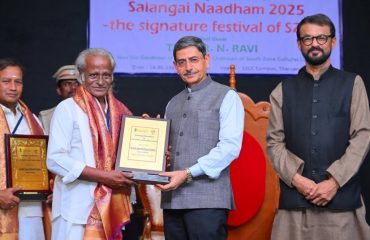 Thiru. R.N. Ravi, Hon'ble Governor of Tamil Nadu felicitated two veteran artists and the recipients of Padmashri Award - 2025, Thiru. Radhakrishna Devasenapati Stapathi (Renowned Sculptor) and Thiru. Kannappa Sambandham (Veteran Guru of Therukoothu) at the valedictory function of ‘Salangai Naadham - 2025’ a signature festival of National Crafts and Cuisine Mela organised by South Zone Cultural Centre, Thanjavur held at South Zone Cultural Centre Campus, Thanjavur District - 18.05.2025.