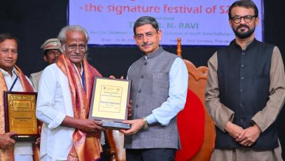 Thiru. R.N. Ravi, Hon'ble Governor of Tamil Nadu felicitated two veteran artists and the recipients of Padmashri Award - 2025, Thiru. Radhakrishna Devasenapati Stapathi (Renowned Sculptor) and Thiru. Kannappa Sambandham (Veteran Guru of Therukoothu) at the valedictory function of ‘Salangai Naadham - 2025’ a signature festival of National Crafts and Cuisine Mela organised by South Zone Cultural Centre, Thanjavur held at South Zone Cultural Centre Campus, Thanjavur District - 18.05.2025.