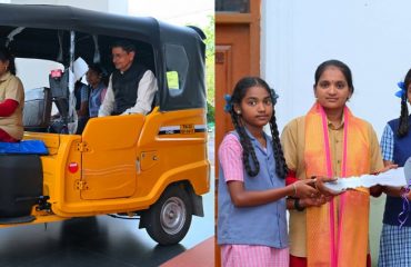 Thiru. R.N.Ravi, Hon'ble Governor of Tamil Nadu handed over the new Auto Rickshaw to Tmt. Amala, Women Auto driver who drives a rental Auto Rickshaw in Chennai to support her family and livelihood at Raj Bhavan, Chennai - 27.06.2025.