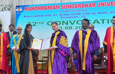 Thiru. R.N.Ravi, Hon’ble Governor of Tamil Nadu and Chancellor, Manonmaniam Sundaranar University presented the medals and degrees to 37,376 students at 32nd Convocation of the Manonmaniam Sundaranar University at V.O. Chidambaranar Auditorium, Manonmaniam Sundaranar University, Tirunelveli on 13.08.2025. Prof. A.P.Dimri, Director, Indian Institute of Geomagnetism, Department of Science and Technology, Government of India, Mumbai participated as chief guest and delivered the convocation address. Prof. Dr. N.Chandrasekar, Vice-Chancellor, Manonmaniam Sundaranar University and other dignitaries were present.