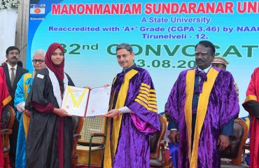 Thiru. R.N.Ravi, Hon’ble Governor of Tamil Nadu and Chancellor, Manonmaniam Sundaranar University presented the medals and degrees to 37,376 students at 32nd Convocation of the Manonmaniam Sundaranar University at V.O. Chidambaranar Auditorium, Manonmaniam Sundaranar University, Tirunelveli on 13.08.2025. Prof. A.P.Dimri, Director, Indian Institute of Geomagnetism, Department of Science and Technology, Government of India, Mumbai participated as chief guest and delivered the convocation address. Prof. Dr. N.Chandrasekar, Vice-Chancellor, Manonmaniam Sundaranar University and other dignitaries were present.