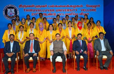 Thiru. R.N.Ravi, Hon’ble Governor of Tamil Nadu and Chancellor, Thiruvalluvar University presented the medals and degrees to 25,599 students at 20th Convocation of the Thiruvalluvar University at University Campus, Thiruvalluvar University, Vellore - 19.08.2025. Prof. Dr. Kuldeep Kumar Raina, Vice-Chancellor, M.S. Ramaiah University of Applied Sciences, Bengaluru participated as chief guest and delivered the convocation address. Prof. Dr. T. Arumugam, Vice-Chancellor, Thiruvalluvar University and other dignitaries were present.