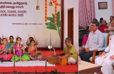 Thiru.R.N.Ravi, Hon’ble Governor of Tamil Nadu and Tmt.Laxmi Ravi, First Lady of Tamil Nadu, performed Navaratri Puja and witnessed the Thiru. Sakethraman & Sakethram Kalashiksha students for their Namasankeertanam Bhajan performance and Selvi. R.Amirtha for her Bharatanatyam performance on Tulsidas Bhajans, Goddess Shankari and Durga Mata on the ocassion of Navaratri Kolu celebration at Raj Bhavan, Chennai - 25.09.2025. Hundreds of general public participated on the 4th day of Navaratri Kolu festival at Raj Bhavan, Chennai.