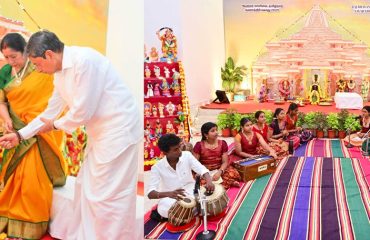Thiru.R.N.Ravi, Hon’ble Governor of Tamil Nadu and Tmt.Laxmi Ravi, First Lady of Tamil Nadu, performed Navaratri Puja and witnessed the Bhajan performance of the students of Smt. Kasturba Nimchand Shah P.Muthyalu Chetty Vivekananda Vidyalaya Junior College, Perambur, Chennai on the ocassion of Navaratri Kolu celebration at Raj Bhavan, Chennai - 25.09.2025. Hundreds of general public participated on the 4th day of Navaratri Kolu festival at Raj Bhavan, Chennai.