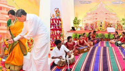 Thiru.R.N.Ravi, Hon’ble Governor of Tamil Nadu and Tmt.Laxmi Ravi, First Lady of Tamil Nadu, performed Navaratri Puja and witnessed the Bhajan performance of the students of Smt. Kasturba Nimchand Shah P.Muthyalu Chetty Vivekananda Vidyalaya Junior College, Perambur, Chennai on the ocassion of Navaratri Kolu celebration at Raj Bhavan, Chennai - 25.09.2025. Hundreds of general public participated on the 4th day of Navaratri Kolu festival at Raj Bhavan, Chennai.