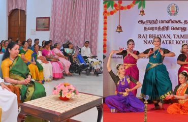 Thiru.R.N.Ravi, Hon’ble Governor of Tamil Nadu and Tmt.Laxmi Ravi, First Lady of Tamil Nadu, performed Navaratri Puja and witnessed the Carnatic Devotional performance of Selvi.V.U.M. Aishwarya and Bharatanatyam performance of Students of Rechita Nrityalaya Dance Institution on the ocassion of Navaratri Kolu celebration at Raj Bhavan, Chennai - 26.09.2025. Hundreds of general public participated on the 5th day of Navaratri Kolu festival at Raj Bhavan, Chennai.