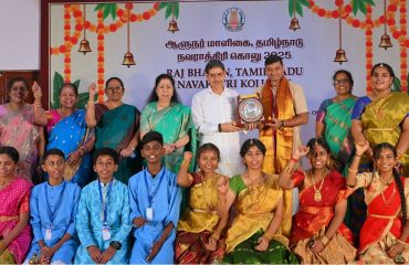 Thiru.R.N.Ravi, Hon’ble Governor of Tamil Nadu and Tmt.Laxmi Ravi, First Lady of Tamil Nadu, performed Navaratri Puja, witnessed and felicitated the students of Bridge Academy for Devotional song performances, Selvi.S.Drisya for Bharatanatyam performance and the students of Vivekananda Vidyalaya School, Vysarpadi, Chennai for their Bhajan performance on the occasion of Navaratri Kolu celebration at Raj Bhavan, Chennai - 29.09.2025. Hundreds of general public participated on the 8th day of Navaratri Kolu festival at Raj Bhavan, Chennai. With more than 2,400 present and over 16,000 joining virtually since day one, this vibrant celebration pulses with living devotion, rich culture, and joyous festivity, strengthening the oneness of our society and weaving a radiant tapestry of collective spirit and celebration.