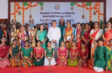 Thiru.R.N.Ravi, Hon’ble Governor of Tamil Nadu and Tmt.Laxmi Ravi, First Lady of Tamil Nadu, performed Navaratri Puja, witnessed and felicitated the students of Bridge Academy for Devotional song performances, Selvi.S.Drisya for Bharatanatyam performance and the students of Vivekananda Vidyalaya School, Vysarpadi, Chennai for their Bhajan performance on the occasion of Navaratri Kolu celebration at Raj Bhavan, Chennai - 29.09.2025. Hundreds of general public participated on the 8th day of Navaratri Kolu festival at Raj Bhavan, Chennai. With more than 2,400 present and over 16,000 joining virtually since day one, this vibrant celebration pulses with living devotion, rich culture, and joyous festivity, strengthening the oneness of our society and weaving a radiant tapestry of collective spirit and celebration.