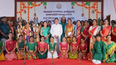 Thiru.R.N.Ravi, Hon’ble Governor of Tamil Nadu and Tmt.Laxmi Ravi, First Lady of Tamil Nadu, performed Navaratri Puja, witnessed and felicitated the students of Bridge Academy for Devotional song performances, Selvi.S.Drisya for Bharatanatyam performance and the students of Vivekananda Vidyalaya School, Vysarpadi, Chennai for their Bhajan performance on the occasion of Navaratri Kolu celebration at Raj Bhavan, Chennai - 29.09.2025. Hundreds of general public participated on the 8th day of Navaratri Kolu festival at Raj Bhavan, Chennai. With more than 2,400 present and over 16,000 joining virtually since day one, this vibrant celebration pulses with living devotion, rich culture, and joyous festivity, strengthening the oneness of our society and weaving a radiant tapestry of collective spirit and celebration.