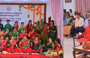 Thiru.R.N.Ravi, Hon’ble Governor of Tamil Nadu and Tmt.Laxmi Ravi, First Lady of Tamil Nadu, performed Navaratri Puja and witnessed the Bhajan performance of the students of Vivekananda Vidyalaya School, Vysarpadi, Chennai on the occasion of Navaratri Kolu celebration at Raj Bhavan, Chennai - 29.09.2025. Hundreds of general public participated on the 8th day of Navaratri Kolu festival at Raj Bhavan, Chennai. With more than 2,400 present and over 16,000 joining virtually since day one, this vibrant celebration pulses with living devotion, rich culture, and joyous festivity, strengthening the oneness of our society and weaving a radiant tapestry of collective spirit and celebration.