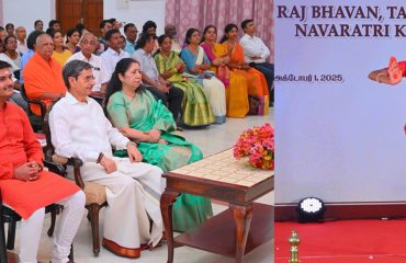 Thiru.R.N.Ravi, Hon’ble Governor of Tamil Nadu and Tmt.Laxmi Ravi, First Lady of Tamil Nadu, performed Navaratri Puja and witnessed the Bhajan performance of the students of Vivekananda Vidyalaya School, Vysarpadi, Chennai on the occasion of Navaratri Kolu celebration at Raj Bhavan, Chennai - 29.09.2025. Hundreds of general public participated on the 8th day of Navaratri Kolu festival at Raj Bhavan, Chennai. With more than 2,400 present and over 16,000 joining virtually since day one, this vibrant celebration pulses with living devotion, rich culture, and joyous festivity, strengthening the oneness of our society and weaving a radiant tapestry of collective spirit and celebration.