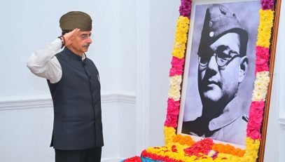 Thiru.R.N.Ravi, Hon'ble Governor of Tamil Nadu, paid floral tribute to the portrait of Netaji Subhas Chandra Bose at Raj Bhavan, Chennai on 21.10.2025, commemorating the anniversary of establishing the Provisional Government of Free India on this date in 1943 under Netaji's charismatic leadership.